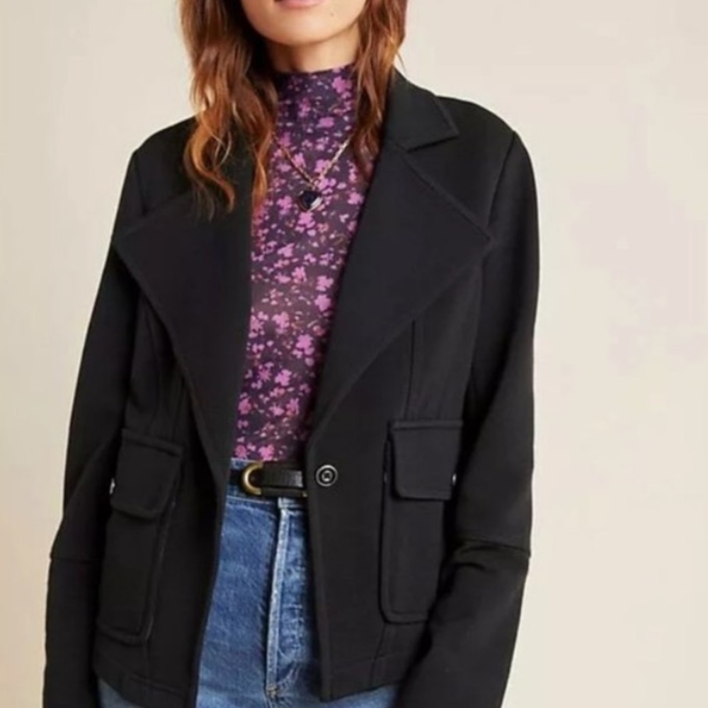 Anthropologie Blazer Sylvia Surin Ponte Knit Moto Jacket Black Size XS